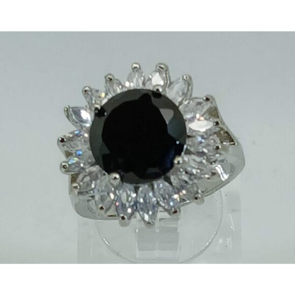 Vintage Ring Size 6.25 Silver Tone White Gold GP Black CZ Cluster Cocktail NOS - Picture 2 of 10